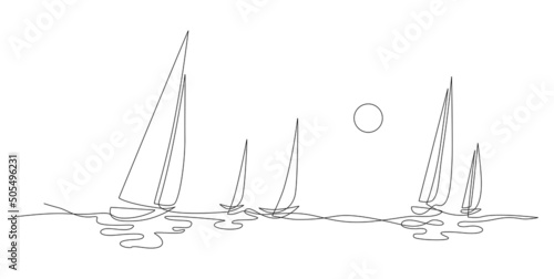 Yachts on sea waves. Seagull in the sky. Draw one continuous line. Vector illustration. Isolated on white background