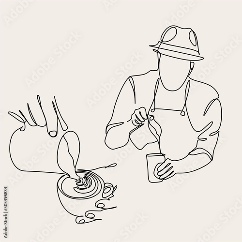 Coffee barista line drawing. Minimalist line art of man doing coffee