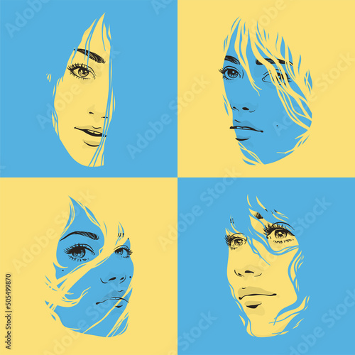 Ukrainian woman face. Abstract yellow blue patriotic female portraits
