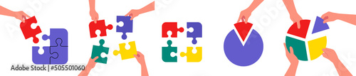Set concepts teamwork and investments with a piece of chart and puzzle in hands vector illustration. Business marketing ideas