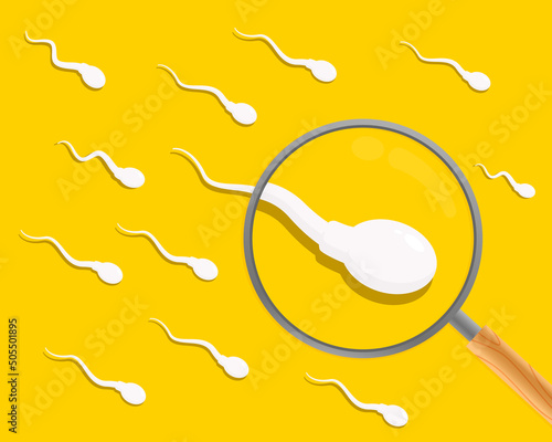 Sperm. Spermatozoa and a magnifying glass. Sperm analysis. Spermogram. Semen. Vector illustration.