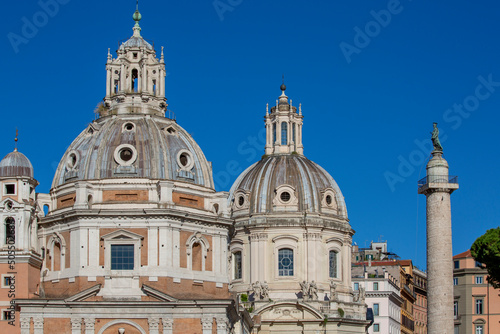 View of the domes of the churches and Trajan's Column at the Trajan Forum, Rome, Italy