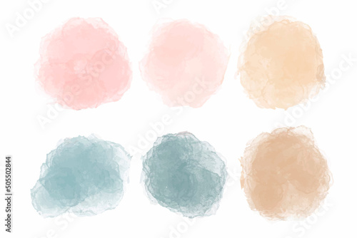 Color watercolor circle set. Vector smear watercolour splash stain. Round pastel hand drawn watercolor background with blue, pink, brown ink color.