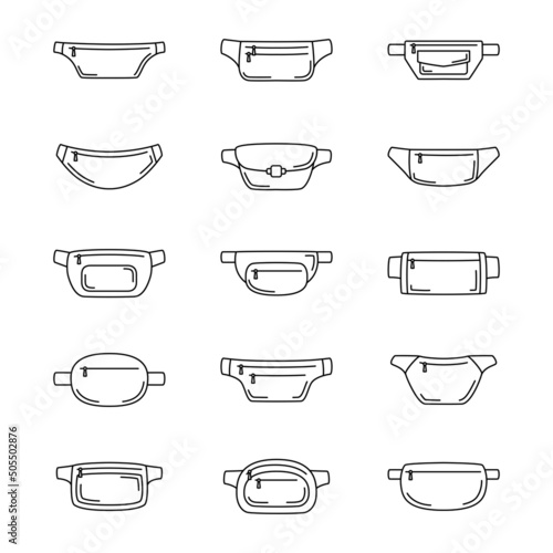 Set of waist bag icons. Collection of outline belt bags. Vector illustration