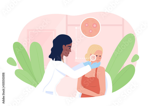 Woman at dermatologist appointment 2D vector isolated illustration. Doctor and patient flat characters on cartoon background. Cosmetology colourful scene for mobile, website, presentation