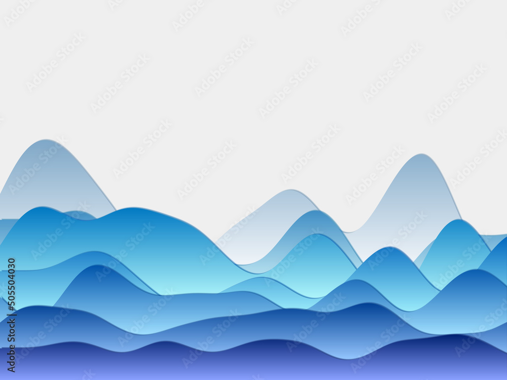 Abstract mountains background. Curved layers in blue colors. Papercut style hills. Astonishing vector illustration.