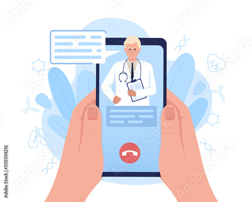 Telemedicine service via smartphone 2D vector isolated illustration. Online medicine flat first view hand on cartoon background. Patient care colourful scene for mobile, website, presentation