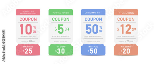 Discount coupons for different categories with colored background