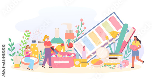 Makeup cosmetic and tiny female. Characters with powder, brush, cream, eye shadow and lipstick. Women using beauty products