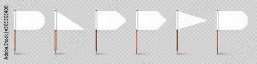 Realistic various toothpick flags. Wooden toothpicks with white paper flag. Location mark, map pointer. Blank mockup for advertising and promotions. Vector illustration