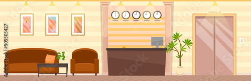 Modern inn foyer, hall with reception desk and elevator. Tourism, business trip concept. Registration and receipt of hotel room. Lobby interior with visitor furniture and decor vector illustration