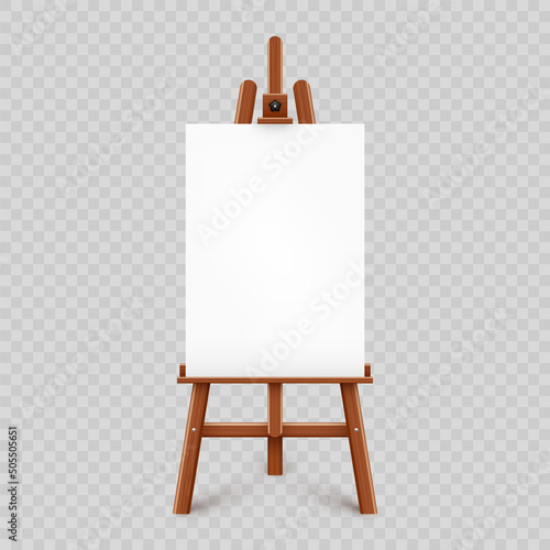 Realistic paint desk with blank white canvas. Wooden easel and a sheet of drawing paper. Presentation board on a tripod. Artwork mockup, template. Vector illustration © 32 pixels