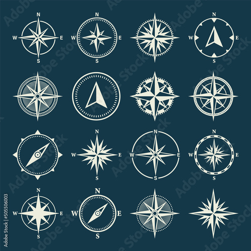 Vintage marine wind rose, nautical chart. Monochrome navigational compass with cardinal directions of North, East, South, West. Geographical position, cartography and navigation. Vector illustration.