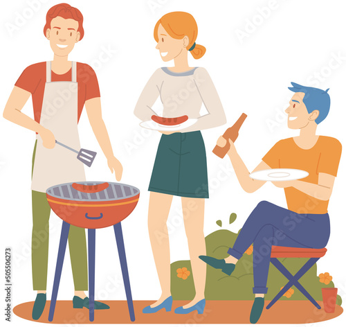 People grilling meat, cooking out. Man and woman preparing steak for picnic, Boyfriend and girlfriend on barbeque. Couple or friends spending weekends together. Barbecue, picnic, outdoor recreation