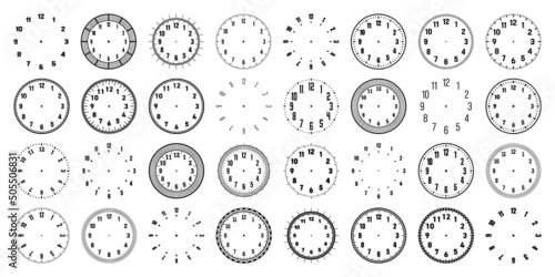 Mechanical clock faces with arabic numerals, bezel. Watch dial with minute, hour marks and numbers. Timer or stopwatch element. Blank measuring circle scale with divisions. Vector illustration