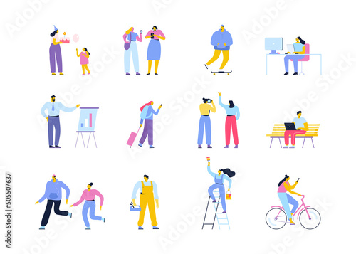 Collection of flat cartoon men and women isolated on white background. Happy family, parents, couples, friends, business people, riding bicycle, working with laptop
