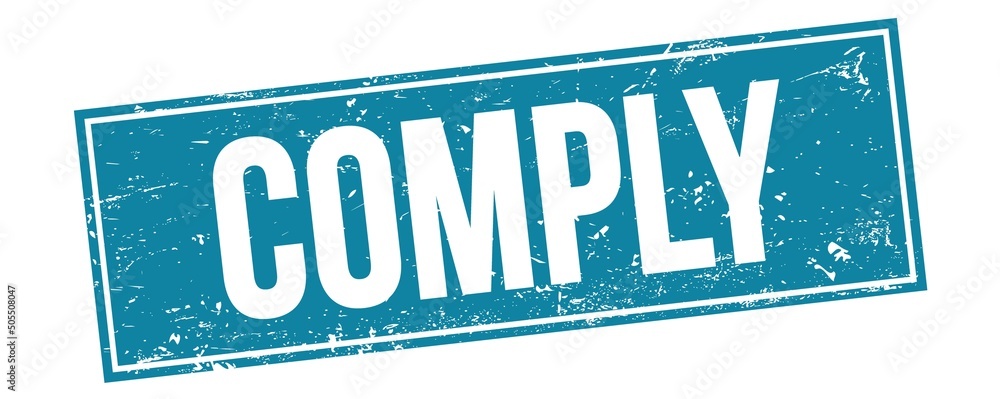 Fotografie COMPLY text on blue grungy rectangle stamp.