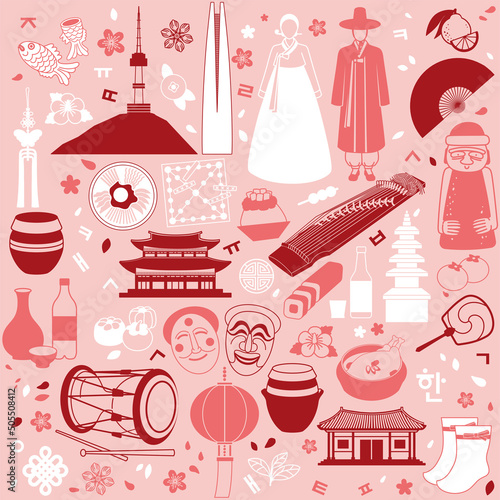Vector seamless background with symbols and landmarks representing South Korea like hanok, hanbok, bibimbap, gayageum, etc. Template for poster, banner, flyer, or booklet. EPS10