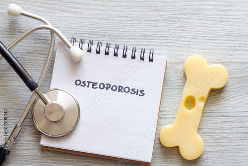 Bone shaped cheese, notebook and stethoscope, concept osteoporosis
