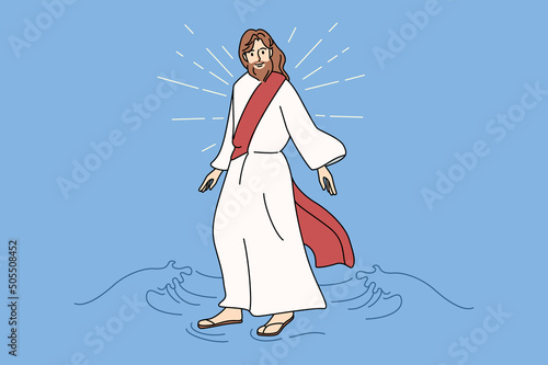 Jesus Christ walking water. Biblical story of messiah walks on water surface. Religion and faith. Christianity. Flat vector illustration. 