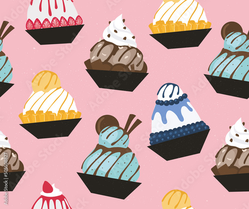 Vector illustration of Korean traditional ice cream-like dessert called bingsu. Translation - strawberry bingsu. Menu, poster, banner, flyer template for a cafe. EPS10
