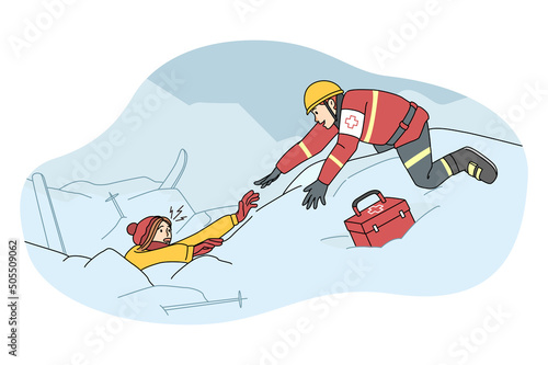 Lifesaver helping skier buried in avalanche after severe snowstorm. Rescuer find people in snow at ski resort. Lifesaving and rescuing operation. Flat vector illustration.  photo