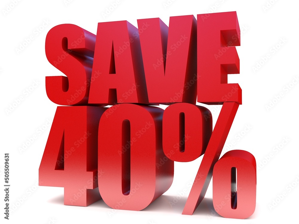 save 40% 3d text symbol. 3d rendering on white background save 40% 3d text symbol. 3d rendering on white background