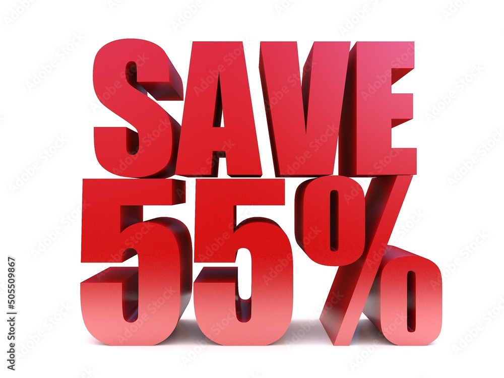 save 55% 3d text symbol. 3d rendering on white background save 55% 3d text symbol. 3d rendering on white background