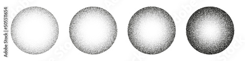 Round shaped dotted objects, stipple elements. Fading gradient. Stippling, dotwork drawing, shading using dots. Pixel disintegration, halftone effect. White noise grainy texture. Vector illustration