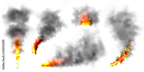 Black realistic smoke, dust clouds isolated on white background. Dirty polluted smog or fog. Air pollution, mist effect. Smoke from fire or explosion. Vector illustration