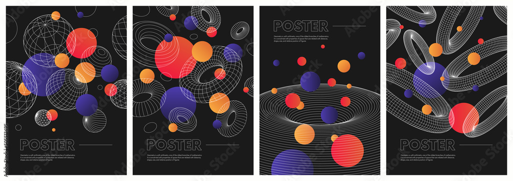 Fototapeta Contemporary composition artwork with strange wireframes of geometric shapes and with red, orange and purple gradient spheres, modern design inspired by brutalism, abstract vector set posters, banners