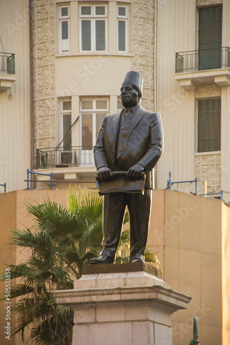 CAIRO, EGYPT - DECEMBER 29, 2021: Statue of Talaat Harb who was a leading Egyptian economist and founder of Banque Misr located in Midan Talaat Harb Square Downtown Cairo Egypt