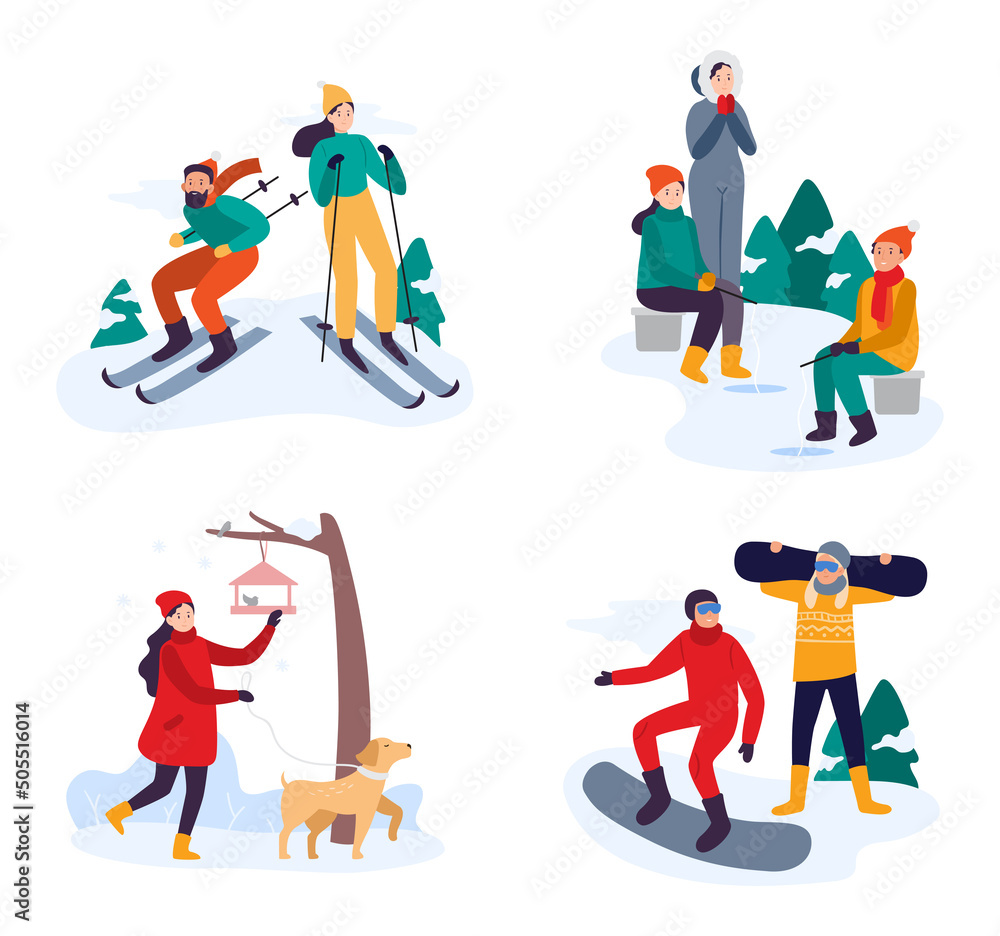 Winter active recreation. Couple skiing, snowboarding. Friends fishing on frozen water. Woman walking with dog