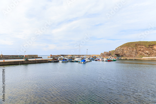 A scenic view of a scottish port marina with fishing and leisure boat along some cliff