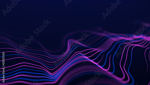 Dynamic wave of blue and pink lines on a blue background. Visualization of big data. Futuristic particle wave. Science and technology. 3d rendering.
