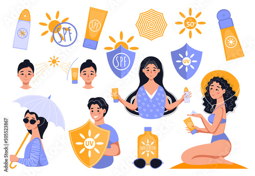 People UV protection for skin. Using umbrella, sunscreen lotion, sunglasses, sun hat. Set of vector flat illustration.