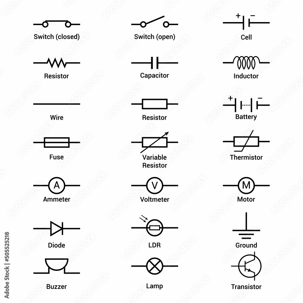 Set Of Electronic Circuit Symbols Schematic Circuit Diagrams Stock