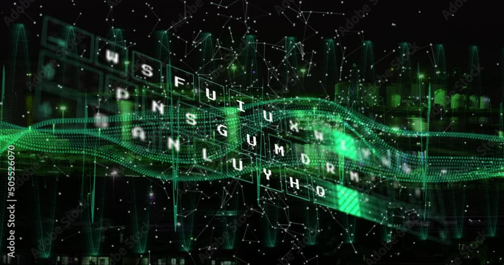 Animation of letters and green waves on black background Animation of letters and green waves on black background