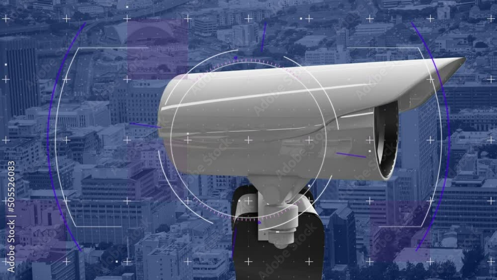 Animation of network of security camera over cityscape Animation of network of security camera over cityscape
