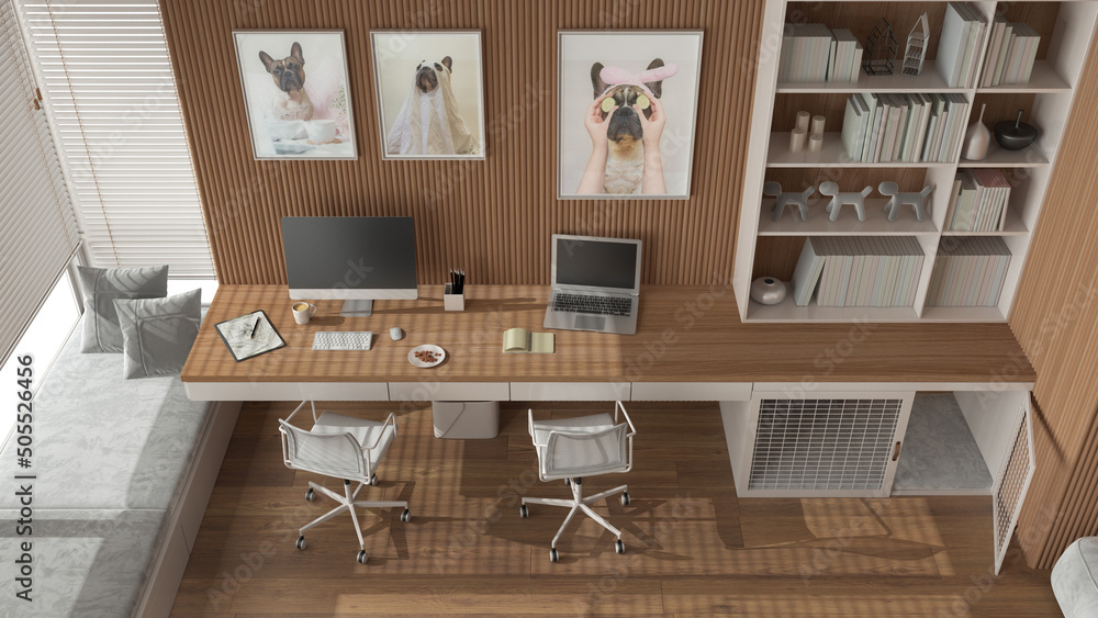 Pet friendly white and wooden corner office, desk with chairs ...