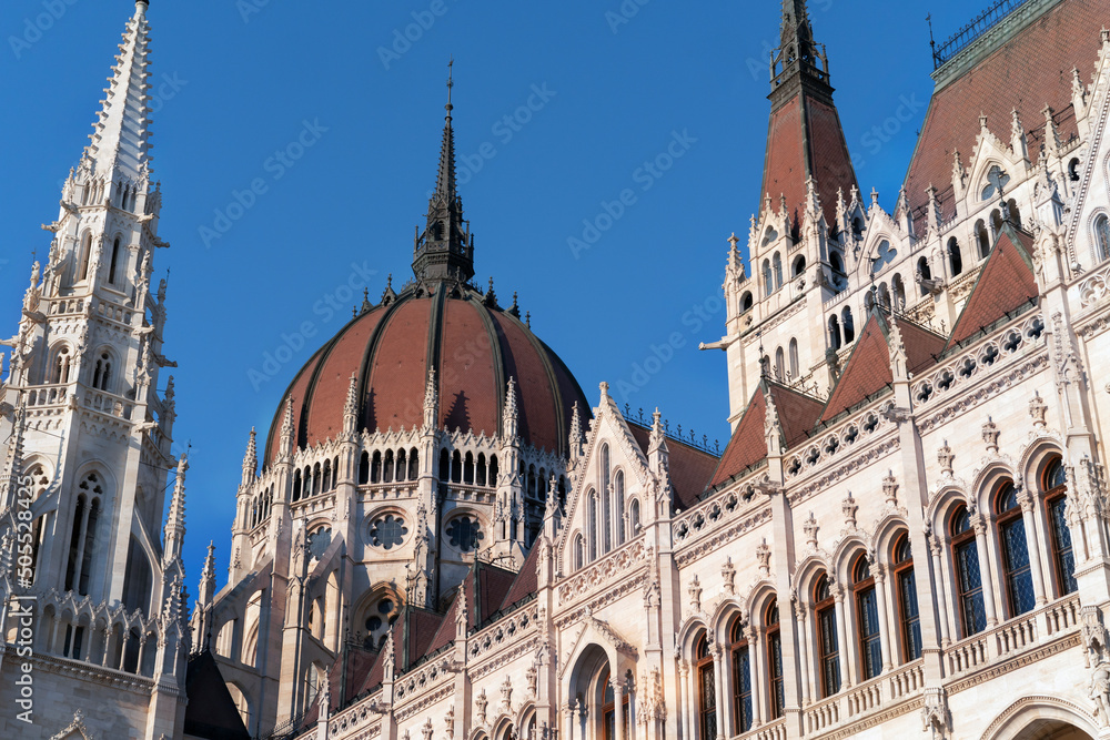 Hungarian parliament building close-up.  One of the most beautiful buildings in the Hungarian capital.