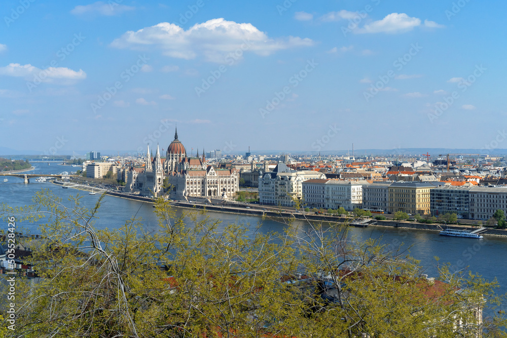 View of the river and the building of the Hungarian Parliament from the right hilly bank of the Danube.