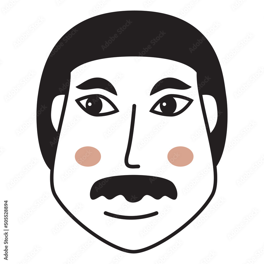Doodle man face.Hand-drawn line people. Asian man with a mustache.Avatar face.Isolated on white background. Outline vector illustration.