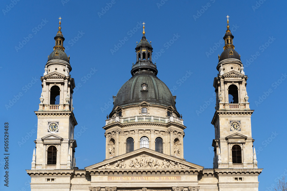BUDAPEST, HUNGARY - April 21, 2022: Basilica of St. Stephen. The largest temple of the capital of Hungary.  Place for text.