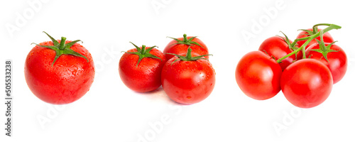 Collection of red tasty tomatoes isolated on white background