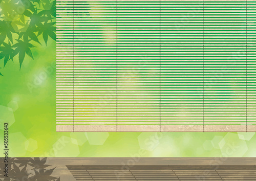 爽やかな夏のすだれと縁側の背景水彩