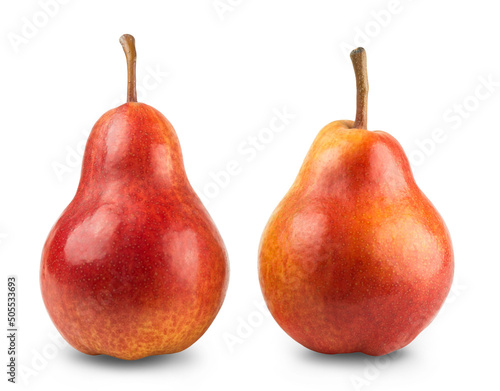 Pears isolated. Ripe red pears on a white background. Fresh fruits.