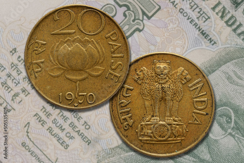 Old indian paise coin obverse and reverse. Rupee denomination photo