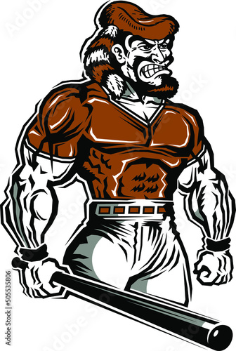 muscular pioneer mascot holding a baseball bat for school, college or league