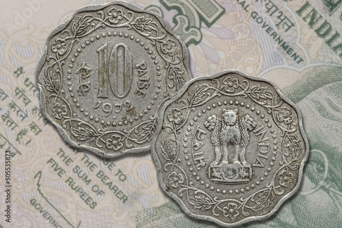 Old indian paise coin obverse and reverse. Rupee denomination photo